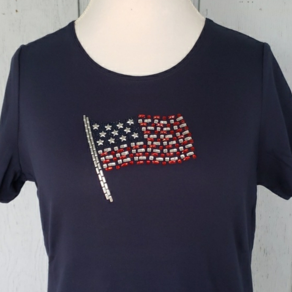 American Flag Tee 100% Cotton Americana 4th of July Rhinestone Patriotic (A) - Picture 9 of 9